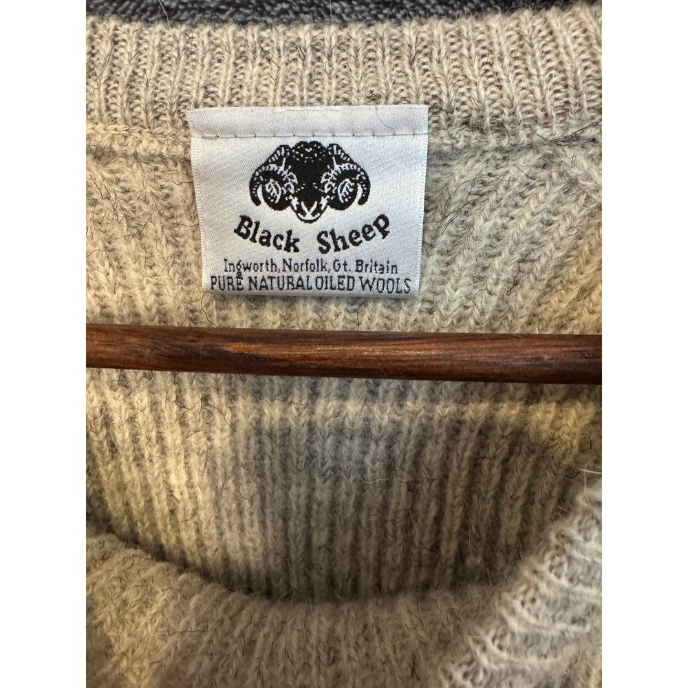 Black Sheep Great Britain Oiled Wool Sweater Suede Patches Oatmeal Beige Mens L - Picture 2 of 4